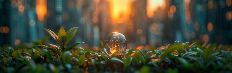 Wall Mural - Glass Globe Resting on Green Foliage at Sunset