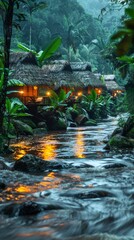 Wall Mural - Illuminated Jungle Cabins Along a Tranquil Stream