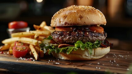 Wall Mural - Juicy Beef Burger With Toppings and French Fries on a Wooden Cutting Board