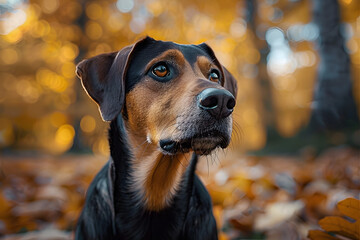 Wall Mural - a close up of a dog's face with leaves on the ground in the foreground and trees in the background.