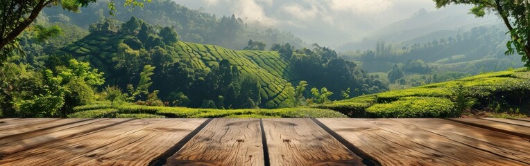 Wall Mural - Wooden Platform Overlooking Lush Green Tea Plantation in Foggy Morning
