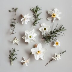 Canvas Print - A close up of a variety of white flowers and herbs, including daffodils, roses