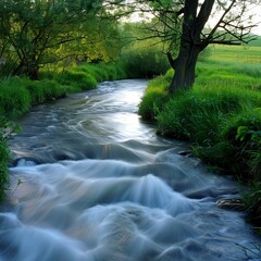 Sticker - A stream of water flows through a lush green forest