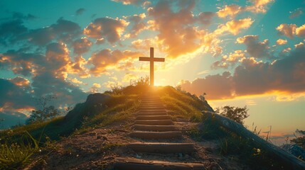 A wooden cross stands prominently at the top of a staircase, its form illuminated by radiant golden light against a heavenly sky. This spiritual image evokes peace and serenity, with expansive