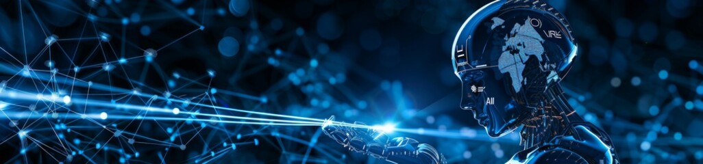 Poster - Futuristic banner featuring an AI robot with holographic interface and digital connections