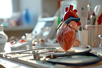 Aufkleber - A close-up of a cardiologists office desk featuring a detailed heart model, a stethoscope, and other medical equipment. Generative AI