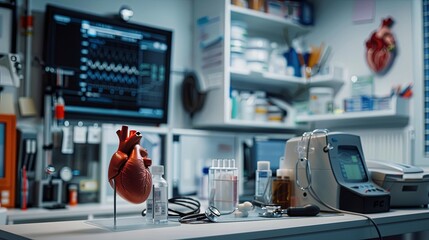Aufkleber - A clean and professional cardiologists office with medical equipment like an ECG machine, a stethoscope, and heart models. Generative AI
