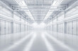 © Welle Photos - High-tech data center with rows of server cabinets and white walls, viewed from the front. Bright light illuminates the space, creating an atmosphere of technology innovation