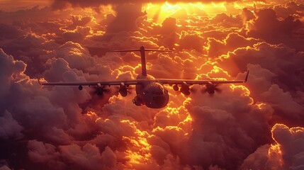 Poster - A military transport plane soars through dramatic, stormy clouds illuminated by the fiery hues of a sunset. The turbulent atmosphere emphasizes the plane's resilience and agility, with expansive