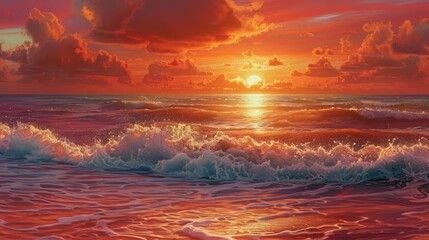 captivating sunset on the beach, with the sun dipping below the horizon and waves gently crashing, the sky ablaze with red and orange tones.