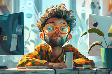 illustration depicts a man with glasses sitting at his desk, working on a computer. He is wearing a plaid shirt and has a beard