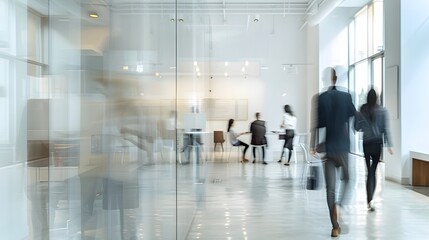 Contemporary office setting with a blurred backdrop of white walls and furniture, featuring unrecognizable individuals engaged in work activities, capturing the essence of corporate life