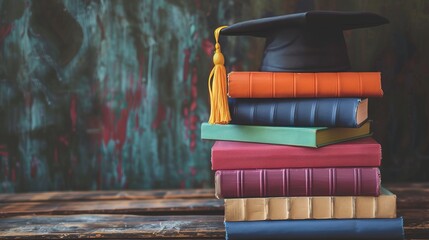 graduation cap on a stack of bright books on a wooden table against a gray wall, Education learning concept
