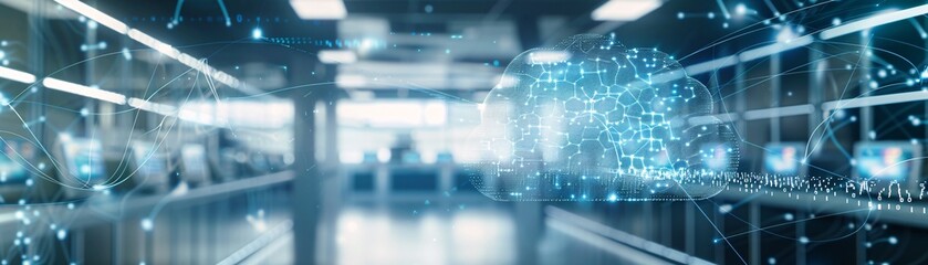 Poster - Against a futuristic backdrop, a digital cloud hovers above a healthcare setting, symbolizing the integration of cloud computing technology in managing health data. The image highlights innovation