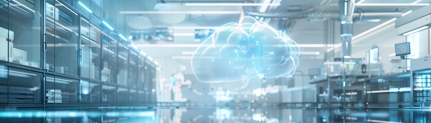 Poster - Against a futuristic backdrop, a digital cloud hovers above a healthcare setting, symbolizing the integration of cloud computing technology in managing health data. The image highlights innovation