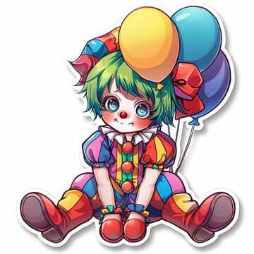 sticker logo of chibi Clown with a colorful wig, Die cut stickers