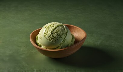 Wall Mural - One rounded scoop pista ice cream wooden bowl, top view on green background, photorealistic no cone