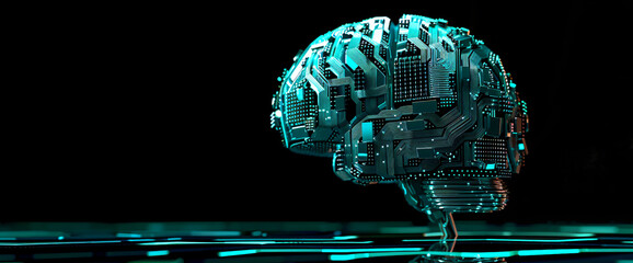 Wall Mural - 3D rendering of human brain made from circuit board, AI concept on black background with copy space for text or design. Blue and turquoise colors


