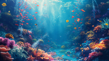 
Underwater scene with diverse marine life, including colorful fish and corals, highlighting the beauty of the ocean on World Ocean Day