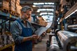 © Georgii - Factory worker in blue overalls inspecting a document in a manufacturing facility
