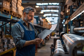 Poster - Factory worker in blue overalls inspecting a document in a manufacturing facility