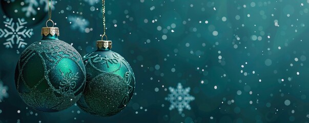Wall Mural - Beautiful green Christmas balls banner with copy space. Christmas banner on dark teal background with hanging snowflakes. Minimalist Christmas banner, Christmas card, Christmas background.