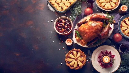 Festive holiday table laden with traditional dishes, such as roast turk