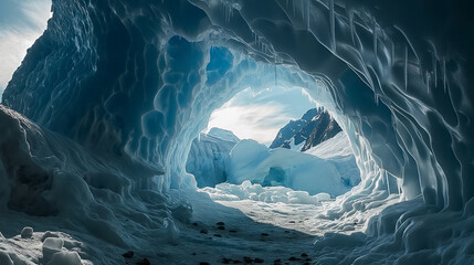 Wall Mural - Sunlight illuminating magnificent ice cave opening in mountain glacier