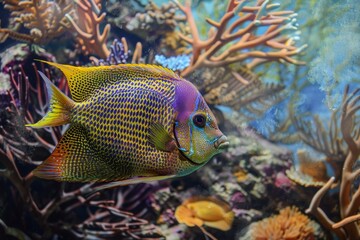 Wall Mural - Close-up of colorful fish swimming in a vibrant coral reef