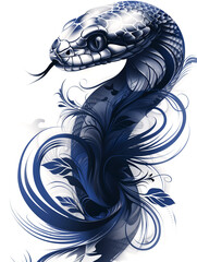 Wall Mural - A snake with a blue and white design on its body. The snake is curled up and has a leafy design on its tail