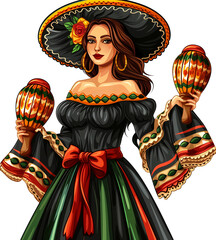 Wall Mural - A woman in a black dress holding two maracas. The woman is wearing a sombrero and has a red rose on it