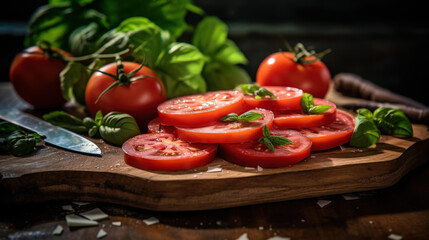 Wall Mural - Vibrant image of Fresh Sliced Tomatoes  Basil on Wooden Board