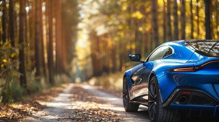 Elegant blue luxury coupe on the right, blurred forest background with left side space for promotional text, ideal for car advertisements.