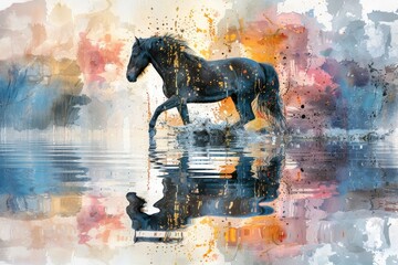 Expressive black horse wildlife watercolor painting with abstract realism and artistic brushwork
