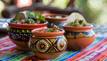 Wall Mural - Mexican Food Salsa, Guacamole, and Chips in Colorful Bowls