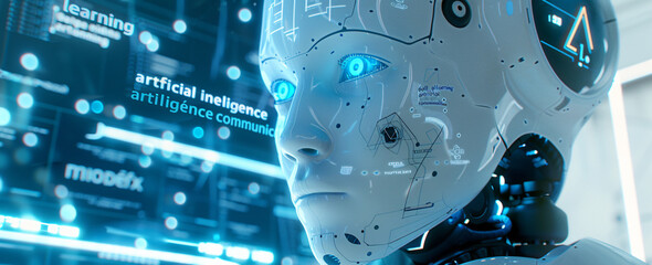 Wall Mural - 3D illustration of a robot head with glowing blue eyes and white skin, the background is a digital screen displaying 