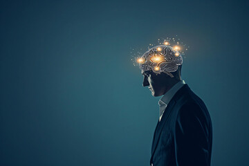 Wall Mural - A businessman with an glowing brain above his head on dark blue background, artificial intelligence concept


