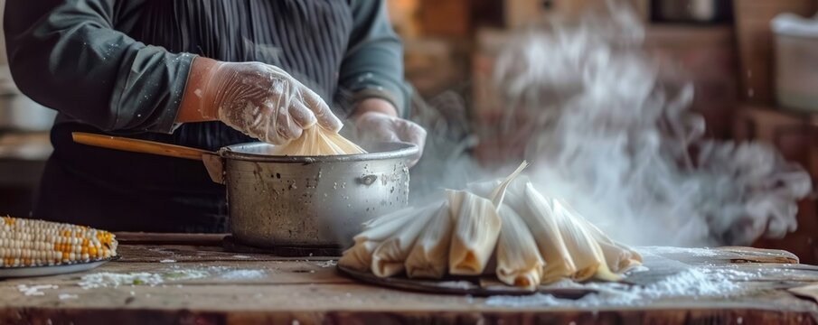 Mexican Tamales Cooking in Pot