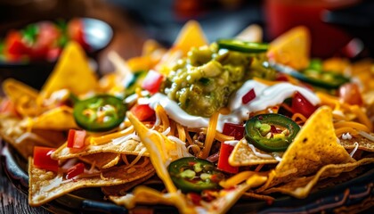 Wall Mural - Delicious Loaded Nachos with Guacamole, Sour Cream, and Jalapenos