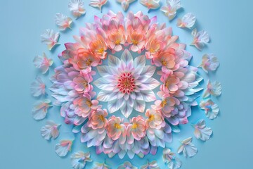 Wall Mural - Enchanting Mandala Art with Pastel Lotus Petals on Blue Background - Perfect for Design, Print, Wall Art, and Meditation