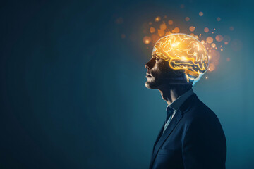 Wall Mural - A businessman with an glowing brain above his head on dark blue background, artificial intelligence concept


