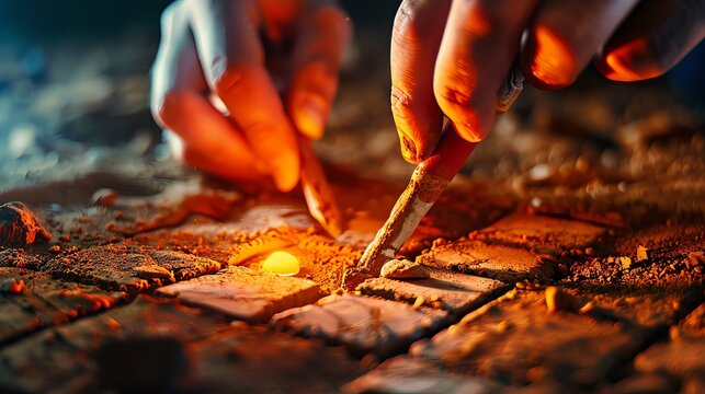 Closeup of hands carefully crafting a mosaic with glowing light, showcasing the intricate art of tile placement and detailed craftsmanship.