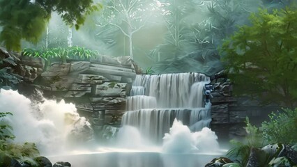 Sticker - A painting featuring a cascading waterfall surrounded by dense forest, Cascading waterfall creating a misty spray