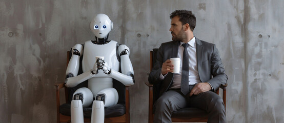 Wall Mural - A man in a business suit and a white robot holding a coffee cup sit on chairs next to each other, waiting for a job interview against a gray background. A human-like droid in the style