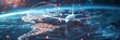 © Oulaphone - Technology Airplane fly on world map, concept of global network and connectivity, international data transfer and cyber technology, worldwide business, information exchange and telecommunication.