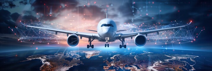 Technology Airplane fly on world map, concept of global network and connectivity, international data transfer and cyber technology, worldwide business, information exchange and telecommunication.