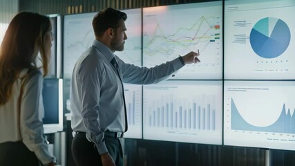 Poster - A man and woman stand in front of a large screen, analyzing financial charts together in a professional setting, Colleagues analyzing financial charts on a large screen