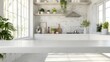 © ttonaorh - Empty white marble table top and blurred kitchen background, product display montage