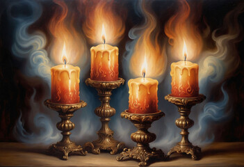 Aufkleber - Vintage oil painting of three candles stand tall with their flames, surrounded by captivating curls of smoke, in the style of oil paint, colorful, detailed