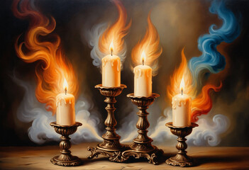Aufkleber - Vintage oil painting of three candles stand tall with their flames, surrounded by captivating curls of smoke, in the style of oil paint, colorful, detailed